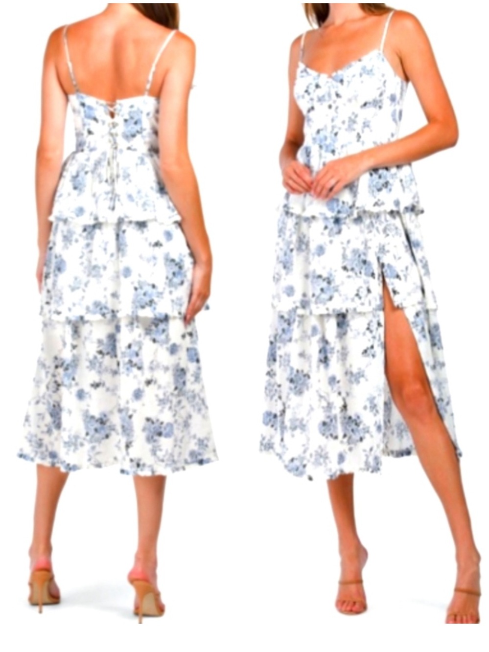House of Harlow 1960 Floral Corset Style Tiered Dress White Blue Sz Medium
